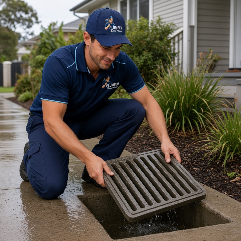 Stormwater drainage Tweed Heads plumber lifting an outdoor drain grate