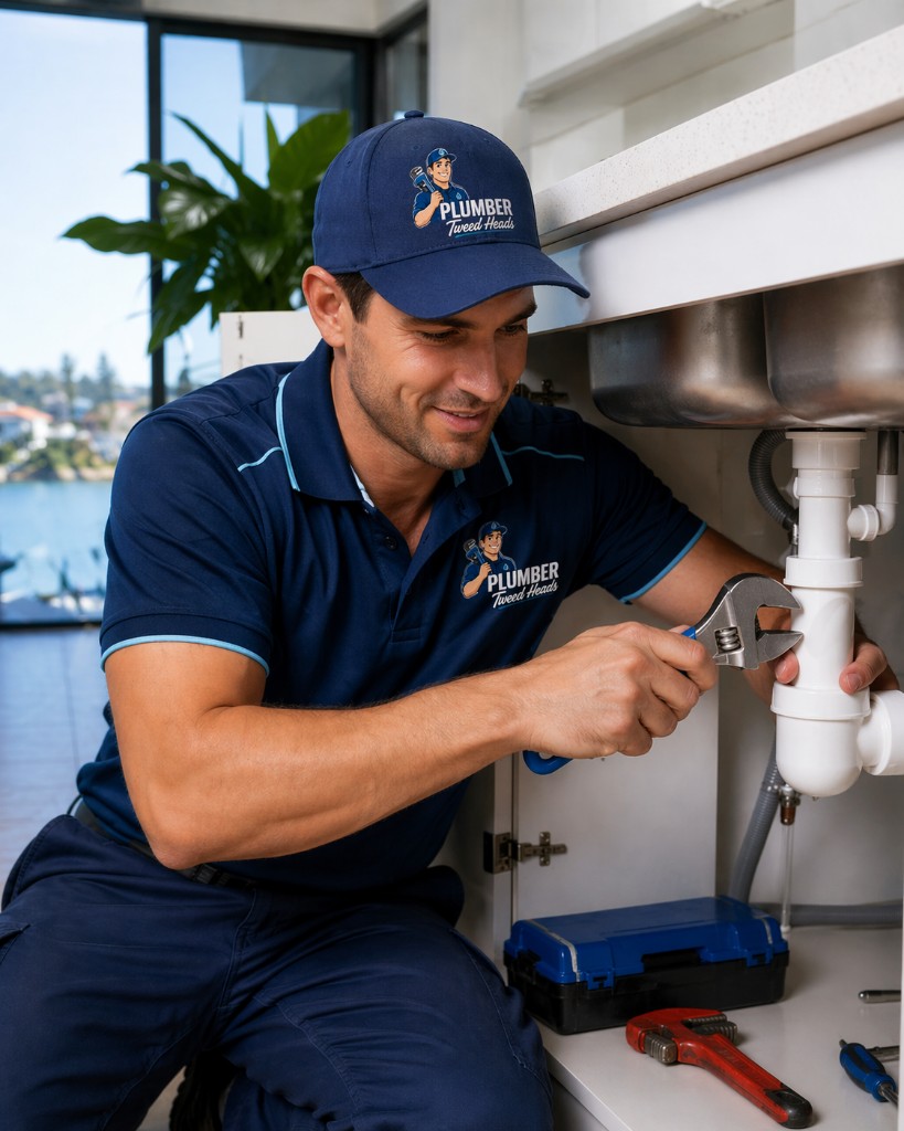 Plumber Tweed Heads technician working under a sink